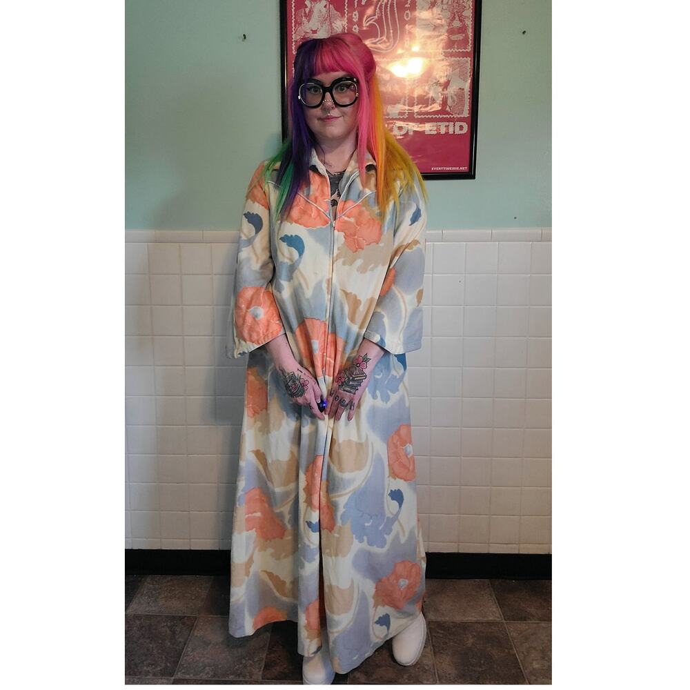 Vintage 1970s Retro Blue Orange Floral Print House Dress Sleep Gown